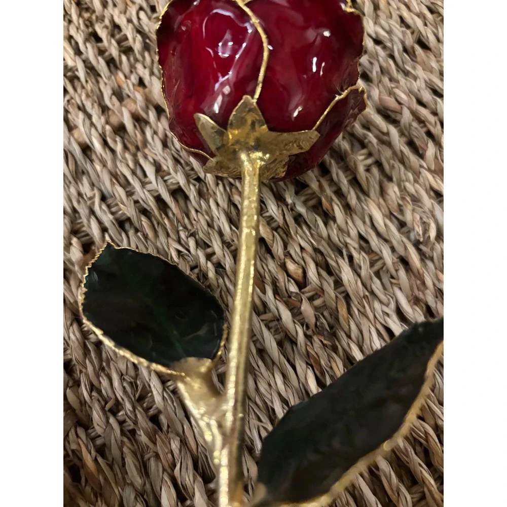 24k Gold Dipped Real Rose Red Lacquer Preserved Long Stem Gold Trim Ornament